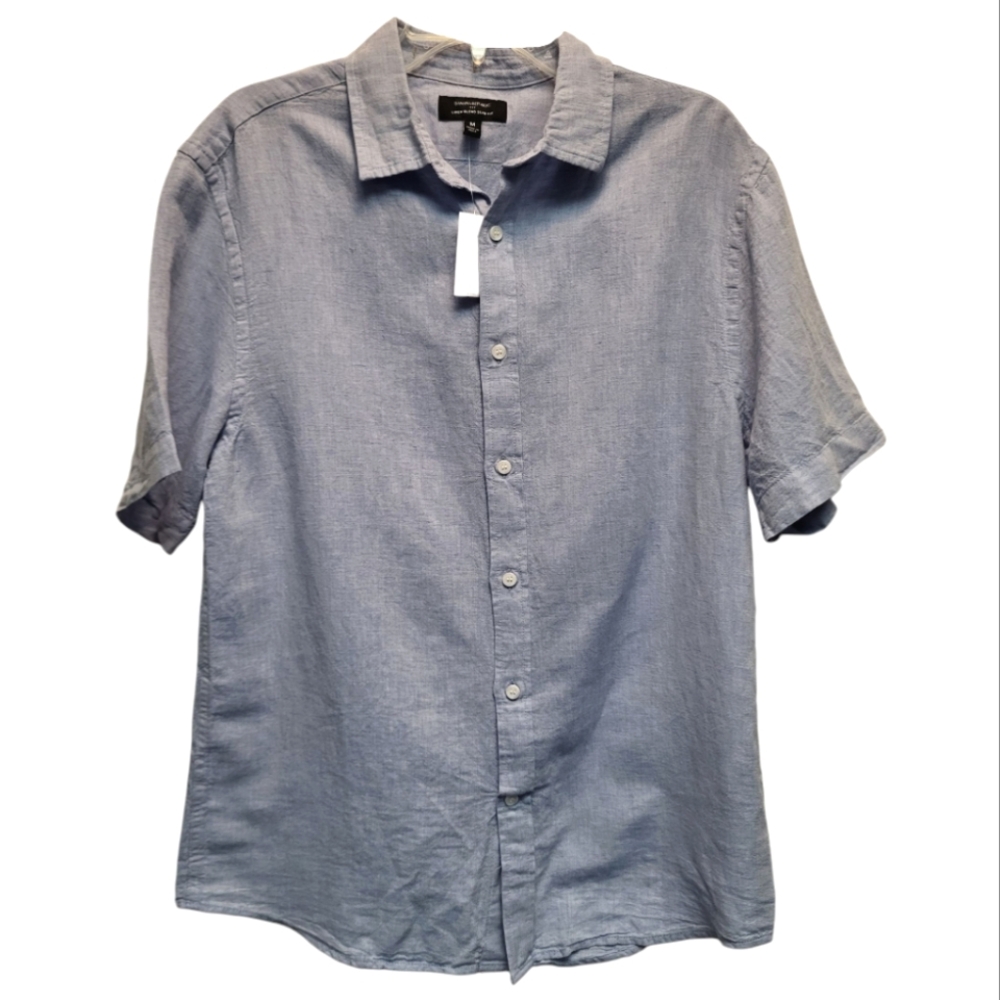 NWT Banana Republic Mens Light Blue Short Sleeve Linen Blend Slim Fit Shirt-Sz M